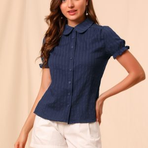 Cotton Frilled Top Turndown Collar Solid Blouse Shirt Blue/S - Allegra K catalog