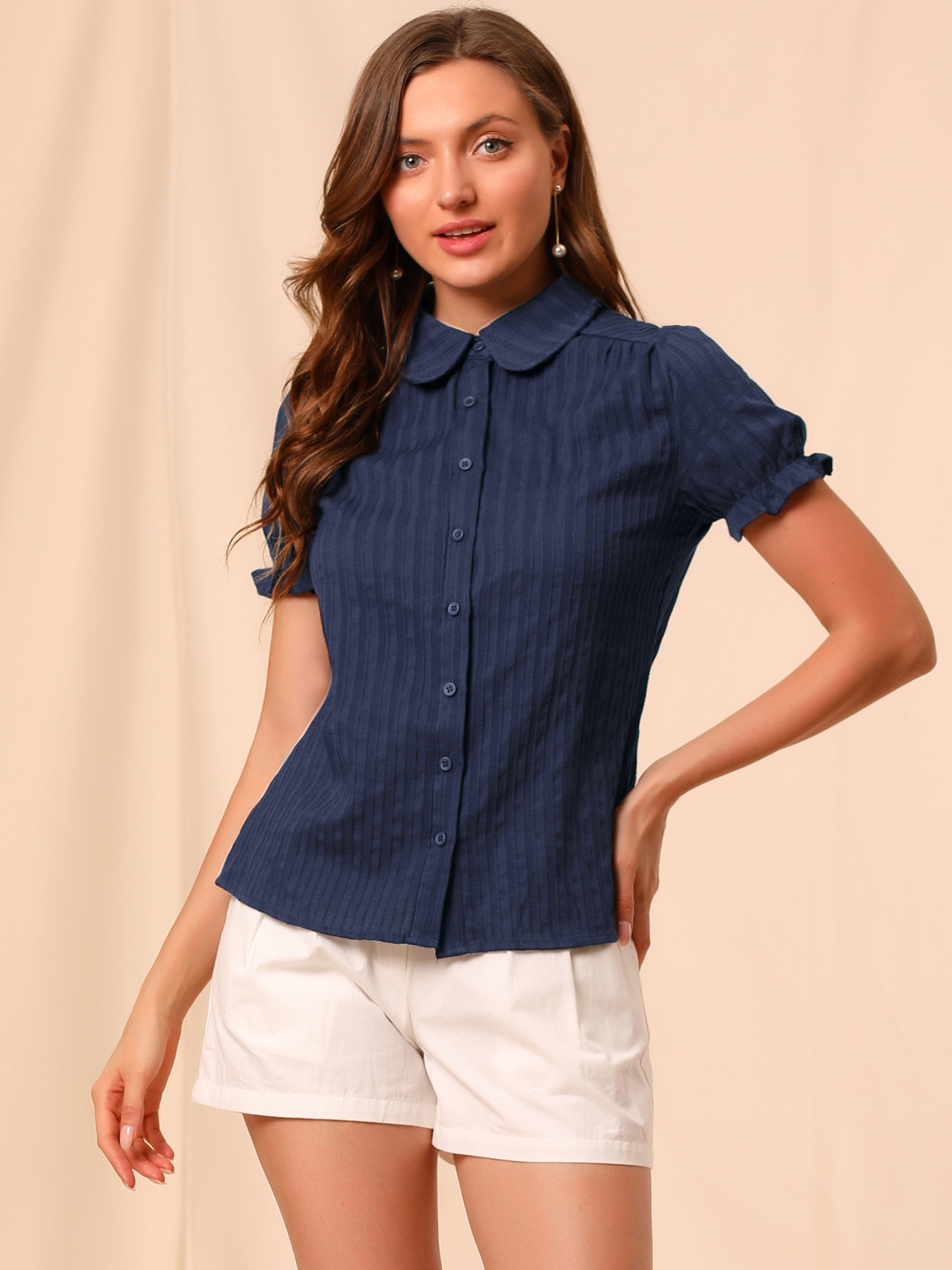 Cotton Frilled Top Turndown Collar Solid Blouse Shirt Blue/L - Allegra K catalog