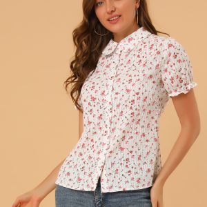 Floral Printed Peter Pan Collar Cotton Short Sleeve Shirt Pink/M - Allegra K catalog