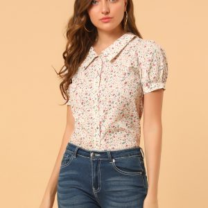 Puff Sleeve Shirt Point Collar Top Button Down Floral Blouse White/M - Allegra K catalog