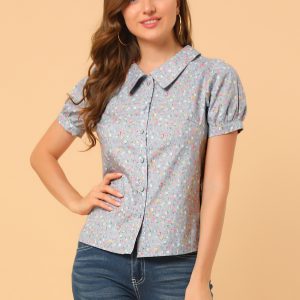 Puff Sleeve Shirt Point Collar Top Button Down Floral Blouse Blue/XS - Allegra K catalog
