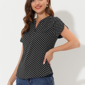 Polka Dots Print V Neck Short Sleeve Elegant Work Office Tops Black/XS - Allegra K catalog