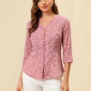 Polka Dots 3/4 Sleeve Button Front Vintage Office Blouse Top Pink/M - Allegra K catalog
