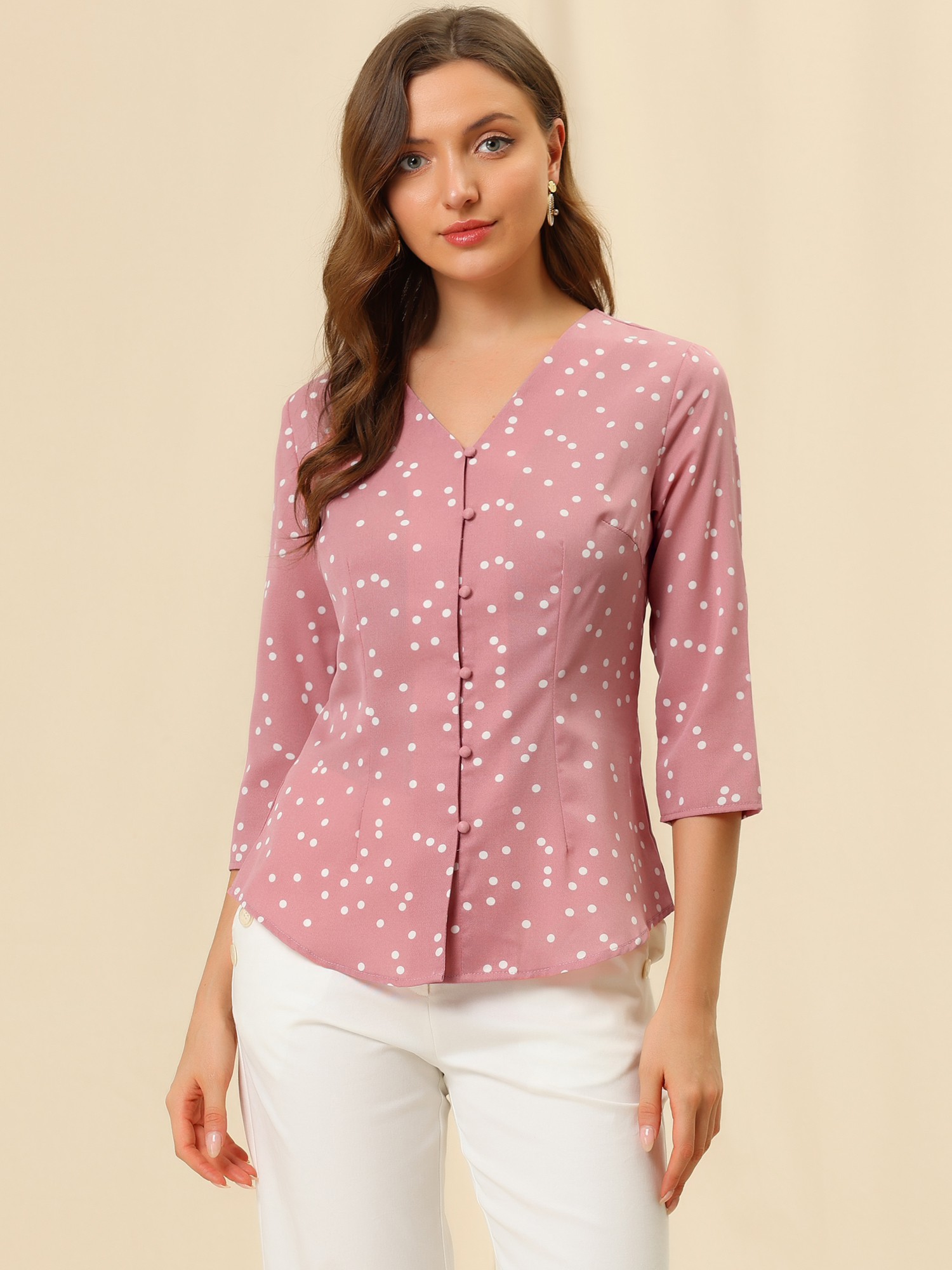Polka Dots 3/4 Sleeve Button Front Vintage Office Blouse Top Pink/L - Allegra K catalog