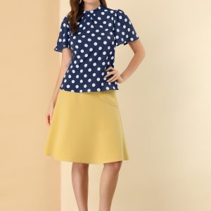 Polka Dots Stand Collar Pleat Keyhole Short Flare Sleeve Blouse Navy Blue/M - Allegra K catalog