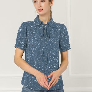 Retro Dots Bow Tie Peter Pan Collar Chiffon Blouse Blue Grey/S - Allegra K catalog