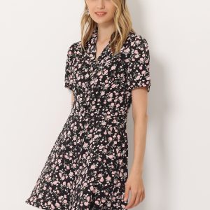 Button Up Short Sleeve A-Line Chiffon Vintage Floral Shirt Dress Black/XL - Allegra K catalog