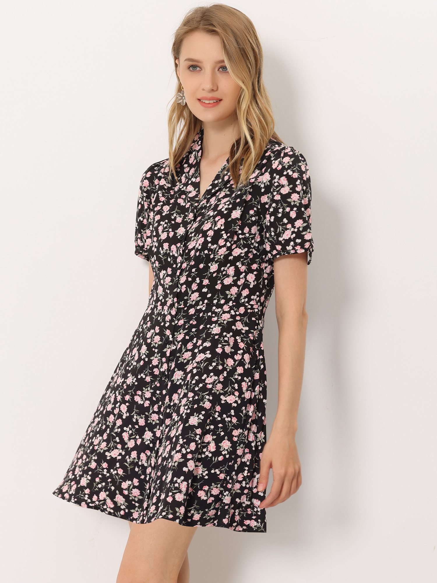 Button Up Short Sleeve A-Line Chiffon Vintage Floral Shirt Dress Black/XL - Allegra K catalog