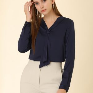 Satin Tie Neck Long Sleeve Solid Color Elegant Office Work Shirt Top Dark Blue/M - Allegra K catalog