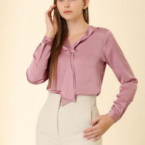 Satin Tie Neck Long Sleeve Solid Color Elegant Office Work Shirt Top Dusty Pink/XS - Allegra K catalog