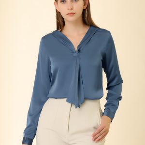 Satin Tie Neck Long Sleeve Solid Color Elegant Office Work Shirt Top Dusty Blue/XL - Allegra K catalog