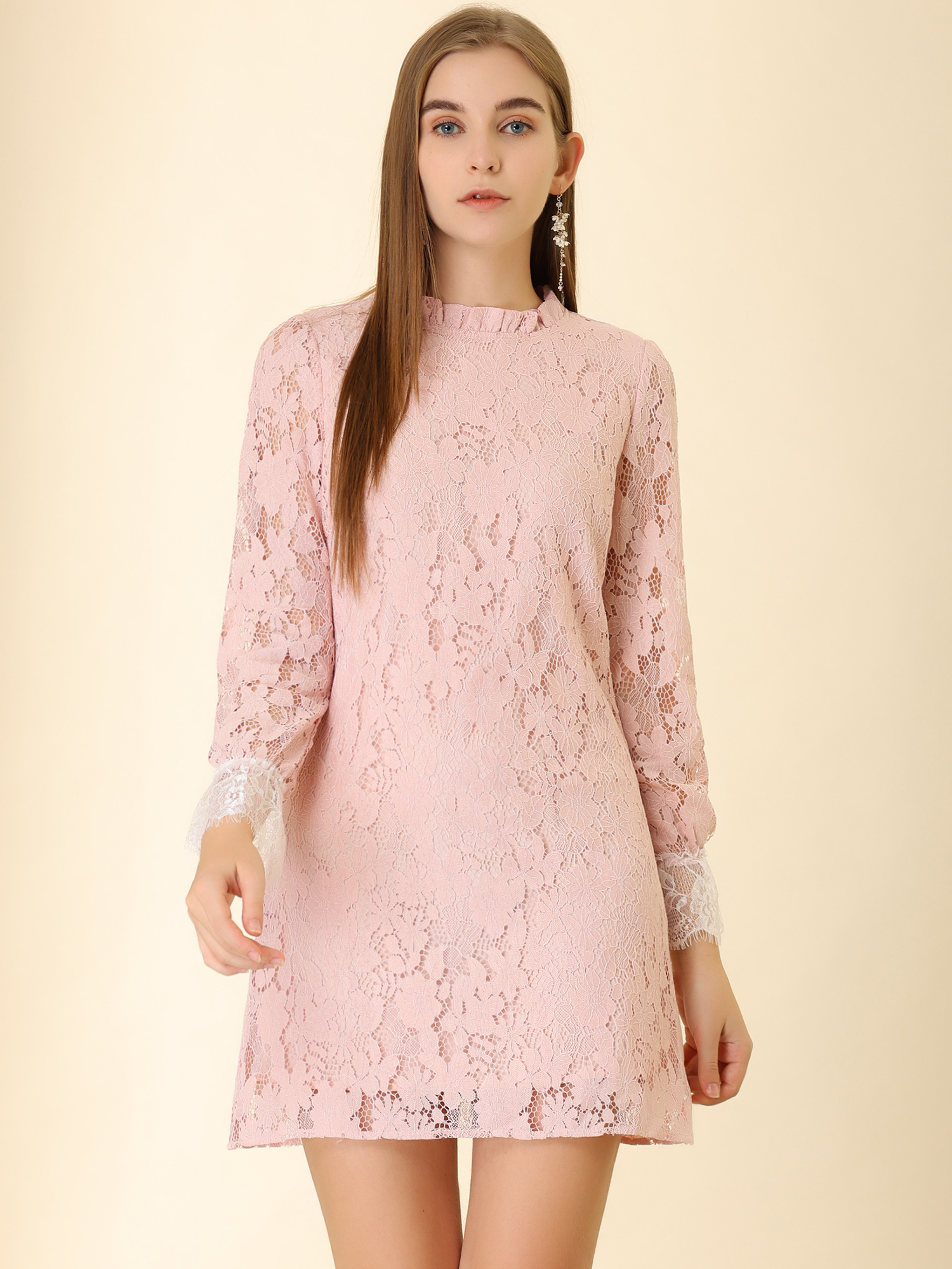 Lace Floral Ruffle Crew Neck Cocktail Mini Dress Pink/S - Allegra K catalog