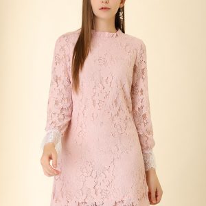 Lace Floral Ruffle Crew Neck Cocktail Mini Dress Pink/M - Allegra K catalog