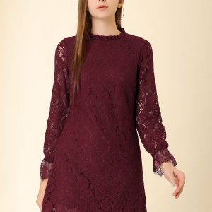 Lace Floral Ruffle Crew Neck Cocktail Mini Dress Burgundy/M - Allegra K catalog