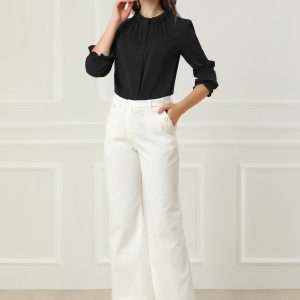 Work Office Blouse Button Up Ruffle Collar Long Sleeve Chiffon Shirt Black/M - Allegra K catalog