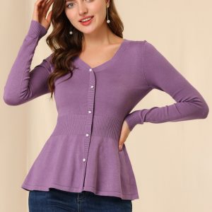 V Neck Long Sleeve Ribbed Pullover Knitted Peplum Top Purple/S - Allegra K catalog