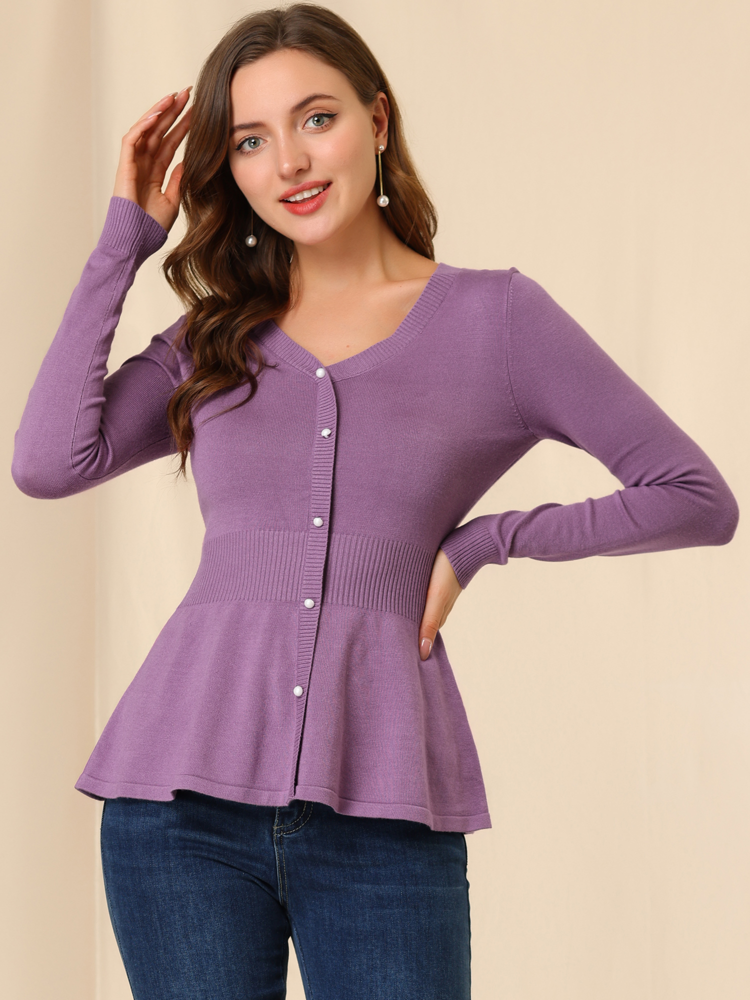 V Neck Long Sleeve Ribbed Pullover Knitted Peplum Top Purple/S - Allegra K catalog