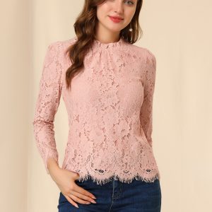 Lace Long Sleeve Ruffle Stand Neck Floral Blouse Pinks/XL - Allegra K catalog