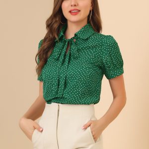 Retro Dots Bow Tie Peter Pan Collar Chiffon Blouse Dark Green/L - Allegra K catalog