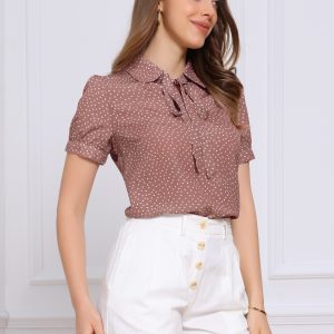 Retro Dots Bow Tie Peter Pan Collar Chiffon Blouse Dark Pink/L - Allegra K catalog