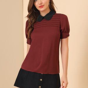 Pleated Contrast Peter Pan Collar Puff Short Sleeve Blouse Burgundy/S - Allegra K catalog