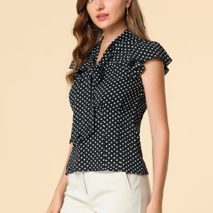 Summer Polka Dots Top Bow Tie V Neck Ruffled Cap Sleeve Office Blouse Black/M - Allegra K catalog