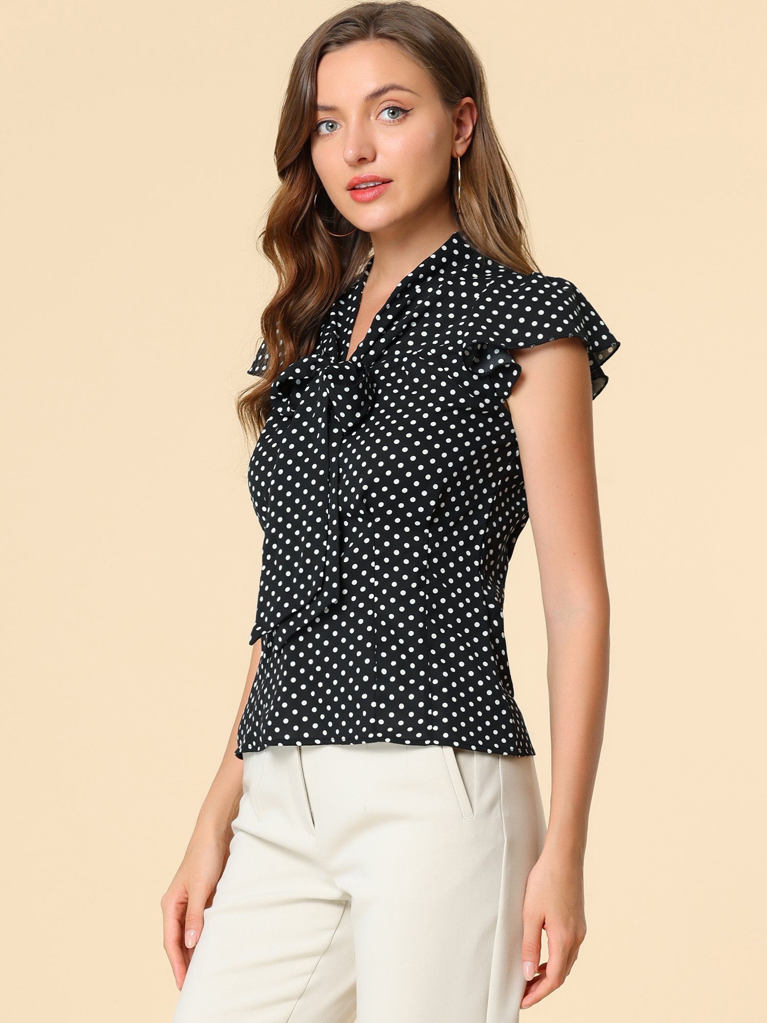 Summer Polka Dots Top Bow Tie V Neck Ruffled Cap Sleeve Office Blouse Black/M - Allegra K catalog