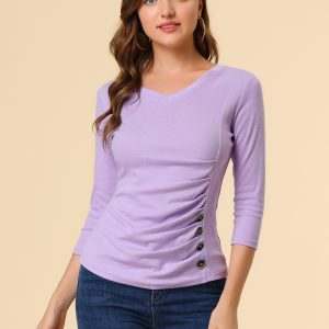 3/4 Sleeve Solid Knitted Button Decor Ruched Blouse Light Purple/S - Allegra K catalog