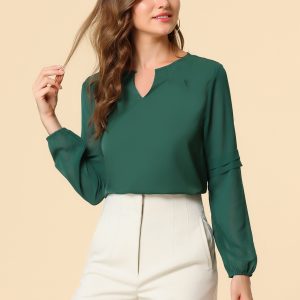 Chiffon Shirt Semi Sheer Keyhole Neck Elegant Work Blouse Dark Green/XL - Allegra K catalog