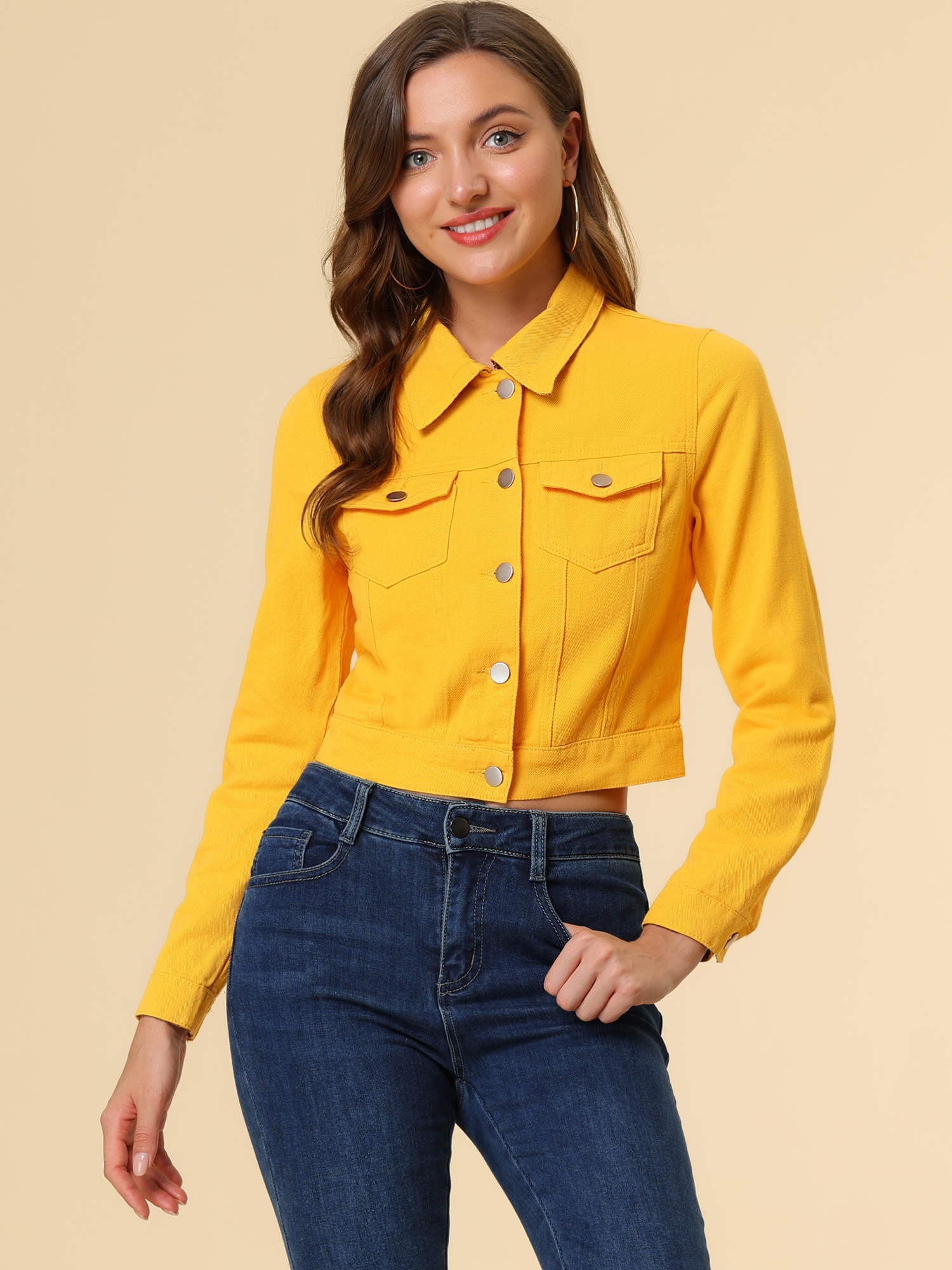 Button Down Long Sleeve Casual Cropped Denim Jacket Yellow/M - Allegra K catalog