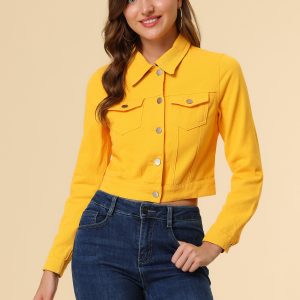 Button Down Long Sleeve Casual Cropped Denim Jacket Yellow/XL - Allegra K catalog