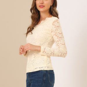 Floral Embroidery Sheer Long Sleeve Lace Blouse Top Beige/M - Allegra K catalog