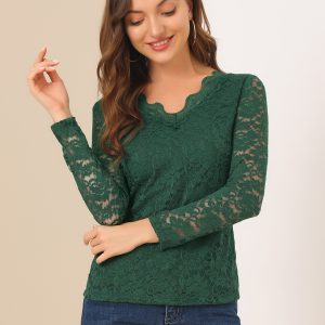 Floral Embroidery Sheer Long Sleeve Lace Blouse Top Dark Green/S - Allegra K catalog