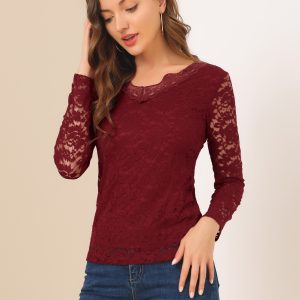 Floral Embroidery Sheer Long Sleeve Lace Blouse Top Burgundy/S - Allegra K catalog