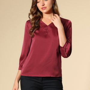 Casual Office Blouse 3/4 Sleeve V Neck Satin Shirt Burgundy/L - Allegra K catalog