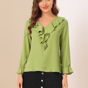 Ruffle Neck Gathered Cuff Long Sleeves Blouse Pea Green/XS - Allegra K catalog
