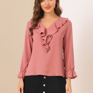 Ruffle Neck Gathered Cuff Long Sleeves Blouse Dark Pink/L - Allegra K catalog