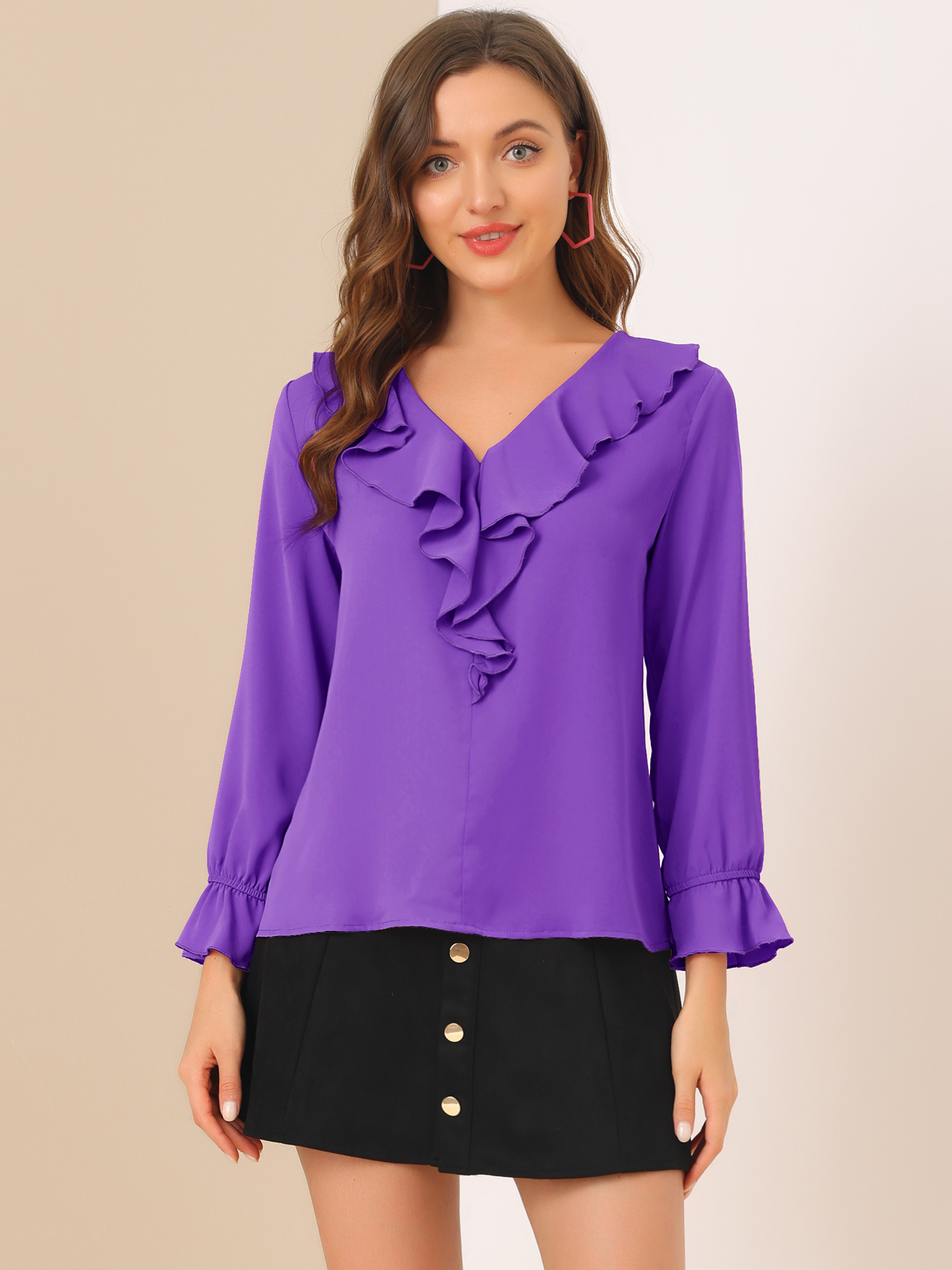 Ruffle Neck Gathered Cuff Long Sleeves Blouse Dark Purple/XS - Allegra K catalog