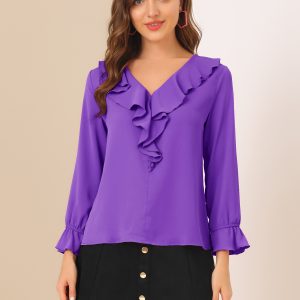 Ruffle Neck Gathered Cuff Long Sleeves Blouse Dark Purple/S - Allegra K catalog
