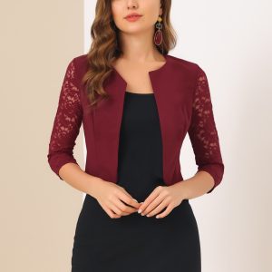 3/4 Sleeve Floral Lace Open Front Office Bolero Shrug Burgundy/XS - Allegra K catalog