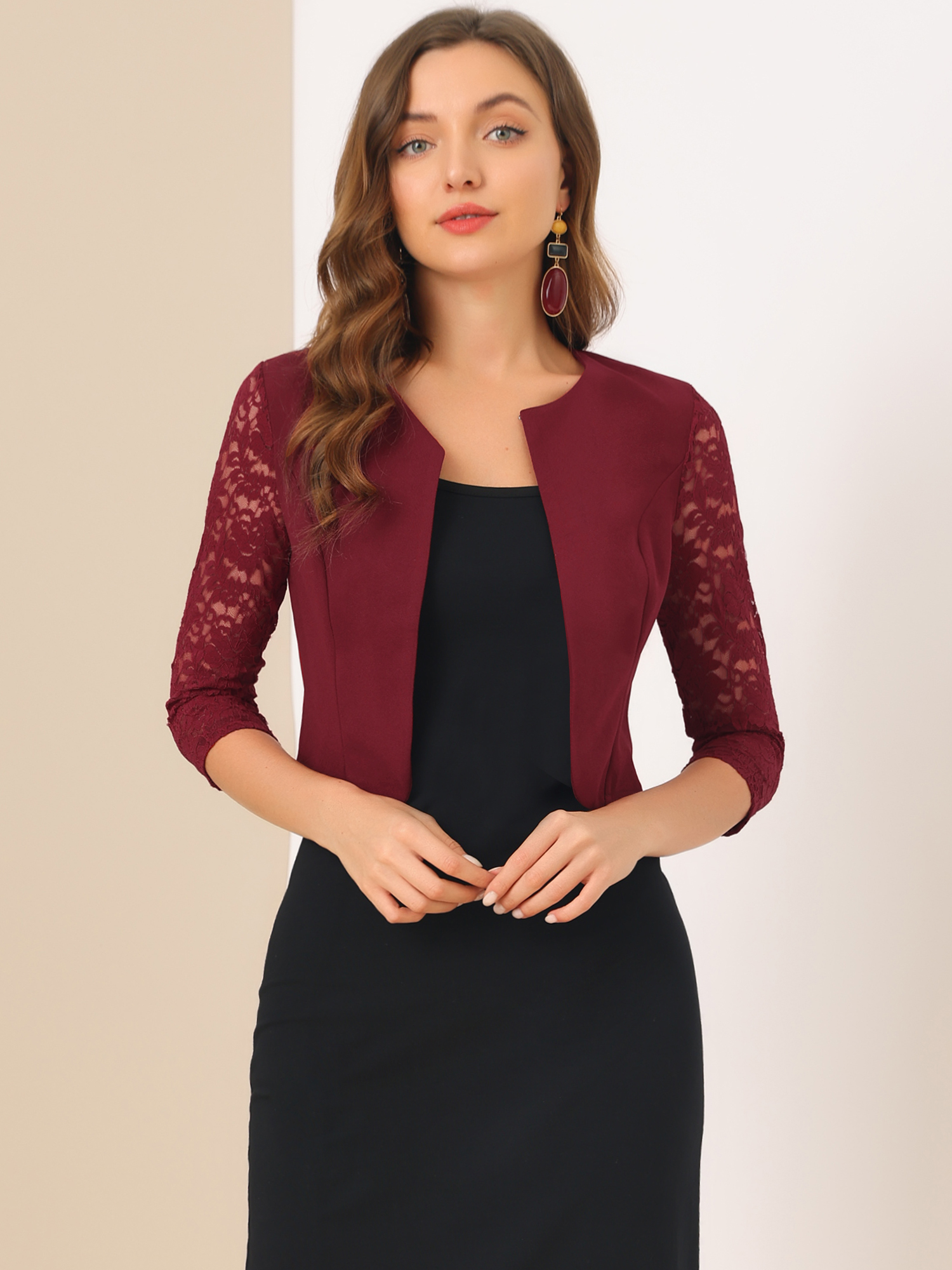 3/4 Sleeve Floral Lace Open Front Office Bolero Shrug Burgundy/XS - Allegra K catalog