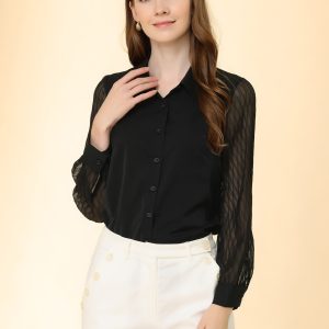 Button Down Shirt Sheer Sleeve Point Collar Work Tops Black/L - Allegra K catalog