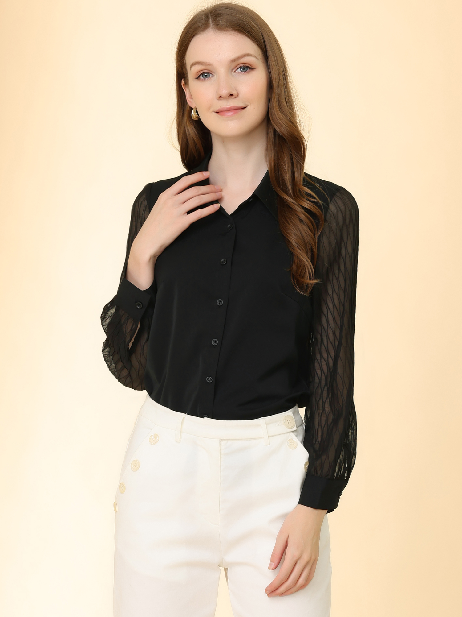 Button Down Shirt Sheer Sleeve Point Collar Work Tops Black/XL - Allegra K catalog