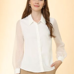 Button Down Shirt Sheer Sleeve Point Collar Work Tops White/L - Allegra K catalog