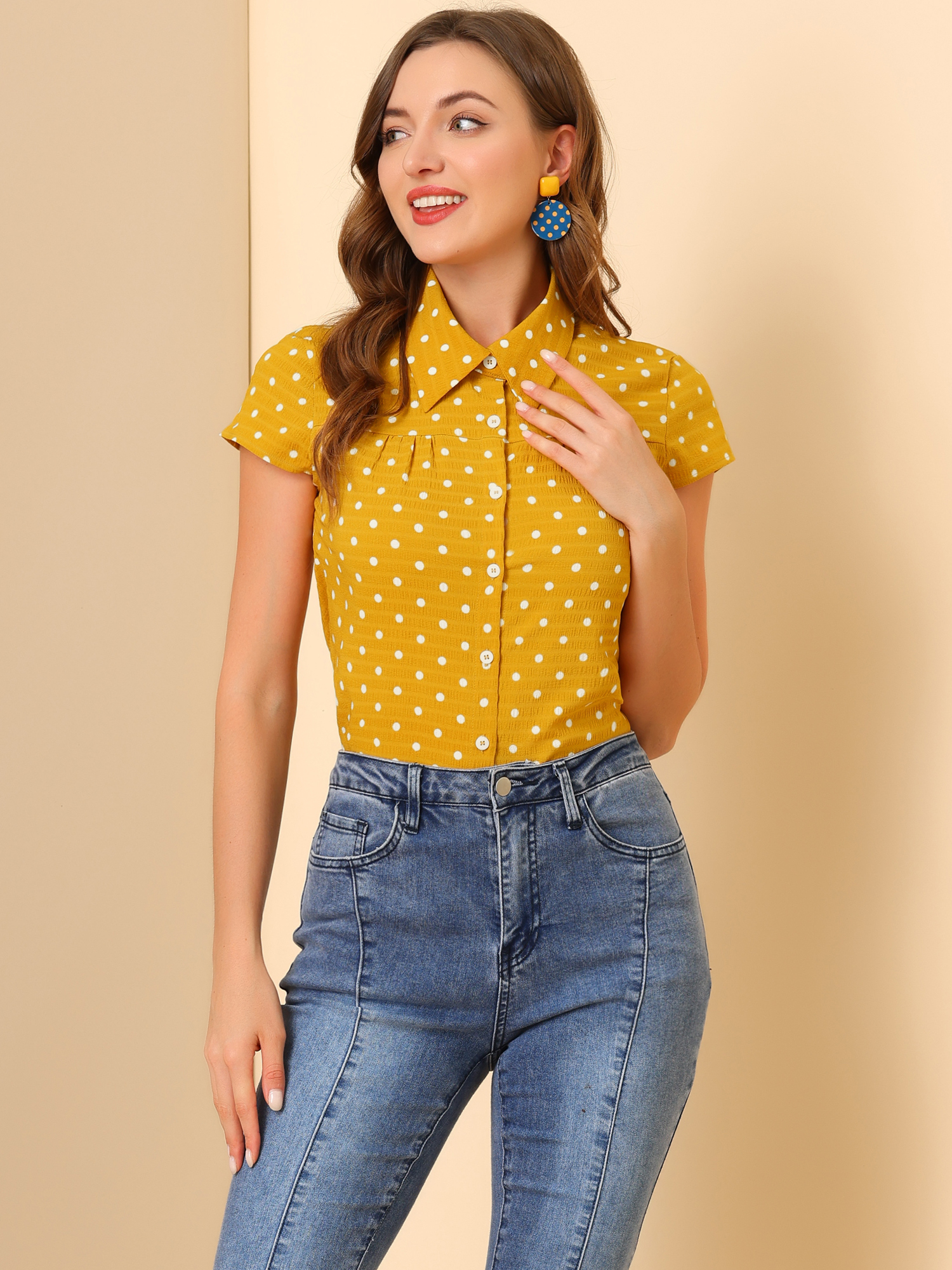 Short Sleeve Tops Vintage Polka Dots Button Up Shirt Yellow/XS - Allegra K catalog