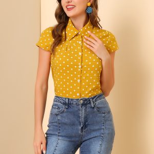Short Sleeve Tops Vintage Polka Dots Button Up Shirt Yellow/L - Allegra K catalog