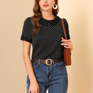 Peter Pan Collar Vintage Polka Dots Short Sleeves Blouse Black/XL - Allegra K catalog