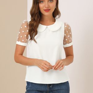 Peter Pan Collar Puff Mesh Short Sleeve Polka Dot Blouse White/XS - Allegra K catalog