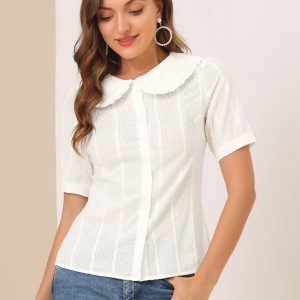 Peter Pan Collar Swiss Dots Short Sleeve Button Front Shirt Blouse Beige/XS - Allegra K catalog