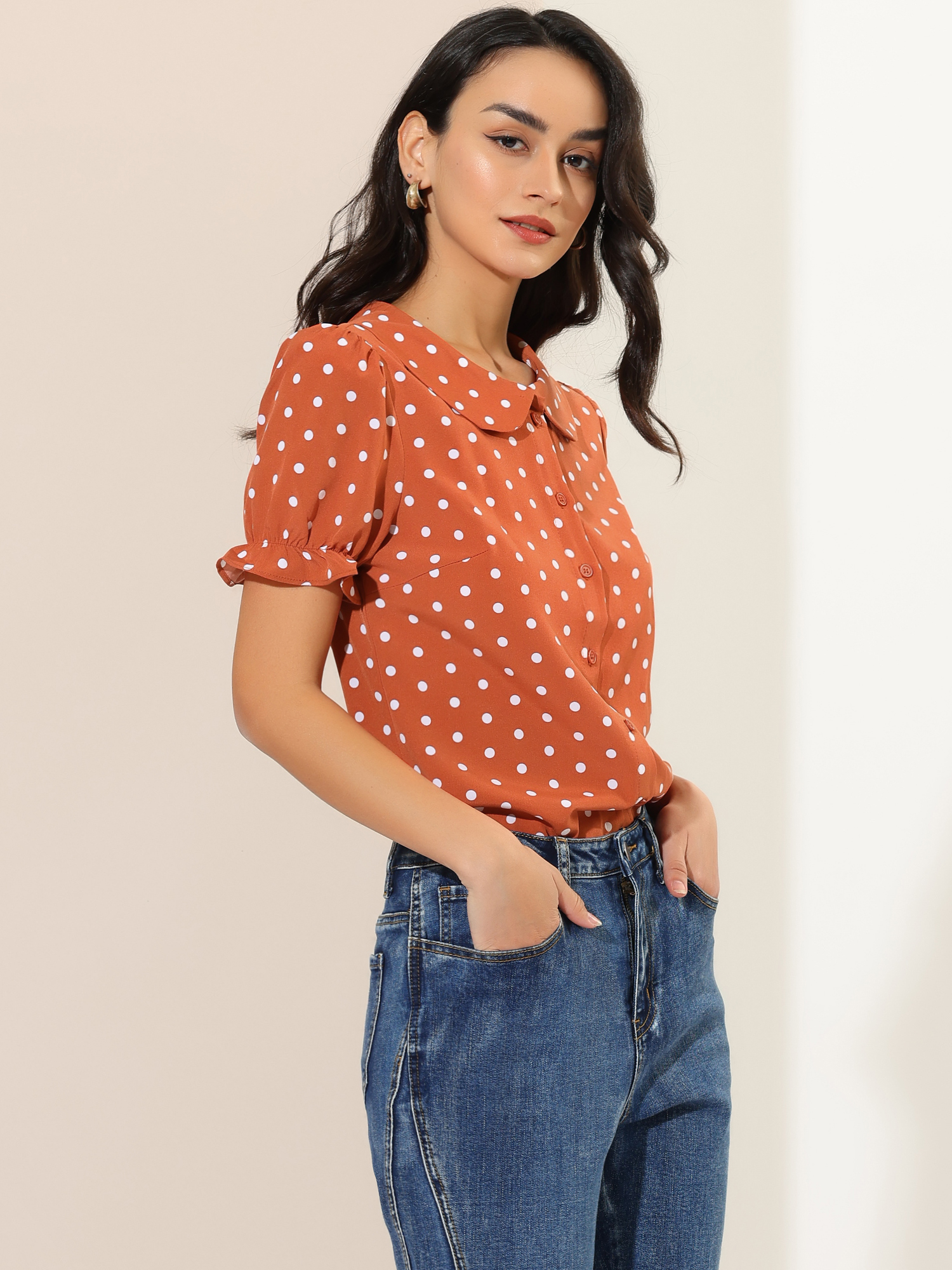 Polka Dot Short Puff Sleeve Button Up Peter Pan Collar Blouse Orange Red/XS - Allegra K catalog
